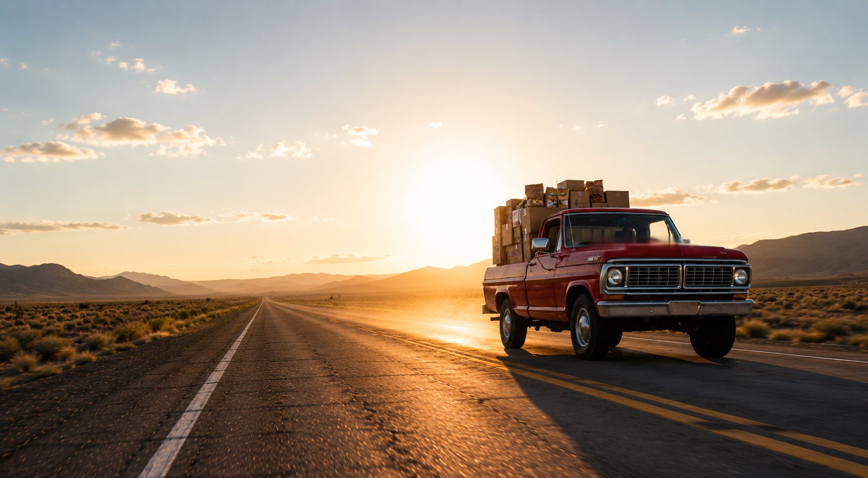 A red pickup loaded with boxes and snack bags on a Texas highway at golden hour