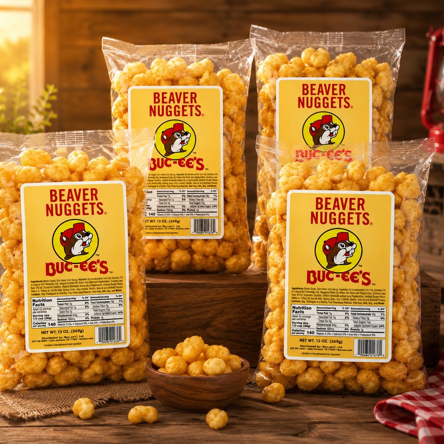 Four bags of genuine Buc-ee's Beaver Nuggets on a table