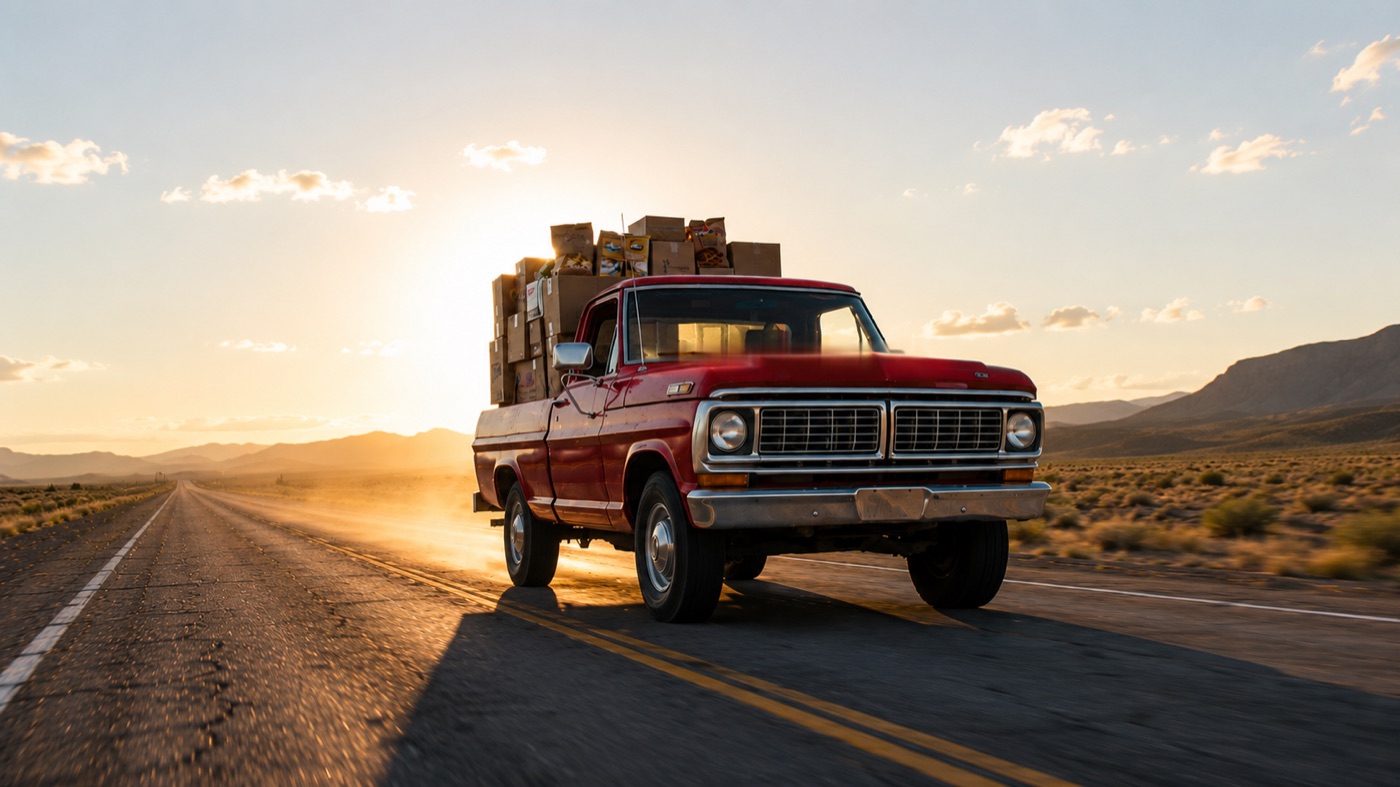 A pickup on a Texas highway at sunset